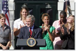 President George W. Bush addresses the NCAA 2006 and 2007 championship Teams during a ceremony Friday, Sept. 21, 2007, on the South Lawn. White House photo by Chris Greenberg