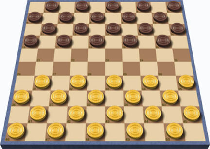 At the beginning of a game of checkers, each player lines up his or her pieces on one side of the board. Players take turns moving a single piece one diagonal space at a time. (This is a special board with 100 squares and 4 rows of pieces per team instead of the usual 64 squares and 3 rows.)