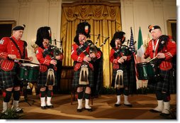 Pipers from the FDNY Emerald Society Pipes and Drums perform in the East Room Monday, March 17, 2008, during a St. Patrick's Day reception at the White House. White House photo by Shealah Craighead