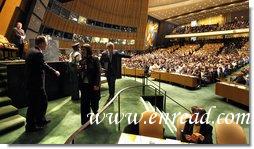 President George W. Bush acknowledges the audience after delivering remarks Tuesday, Sept. 23, 2008, to the United Nations General Assembly in New York. In his last address as President of the United States, President Bush said, "The United Nations is an organization of extraordinary potential. As the United Nations rebuilds its headquarters, it must also open the door to a new age of transparency, accountability, and seriousness of purpose. With determination and clear purpose, the United Nations can be a powerful force for good as we head into the 21st Century."  White House photo by Eric Draper