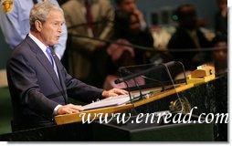 President George W. Bush delivers remarks to the United Nations General Assembly Tuesday, Sept. 23, 2008, in New York. In his eighth and final speech before the assembly, the President highlighted how the United States has partnered closely with other nations to address global challenges an urged the U.N. and other multilateral organizations to continue to actively confront terror.  White House photo by Chris Greenberg