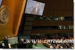 President George W. Bush speaks before the United Nations General Assembly Tuesday, Sept. 23, 2008, in New York City. The President told his audience, "Advancing the vision of freedom serves our highest ideals, as expressed in the U.N.'s Charter's commitment to "the dignity and worth of the human person." Advancing this vision also serves our security interests. History shows that when citizens have a voice in choosing their own leaders, they are less likely to search for meaning in radical ideologies. And when governments respect the rights of their people, they're more likely to respect the rights of their neighbors."  White House photo by Chris Greenberg