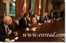 President George W. Bush speaks during a meeting with Bicameral and Bipartisan members of Congress Thursday, Sept. 25, 2008, in the Cabinet Room of the White House. Included in the meeting with the President are, from left: Sen. John McCain, R-Ariz., House Minority Leader John Boehner, R-Ohio, House Speaker Nancy Pelosi, D-Calif.; Senate Majority Leader Harry Reid, D-Nev.; Senate Minority Leader Mitch McConnell, R-Ky., and Sen. Barack Obama, D-Ill. White House photo by David Bohrer