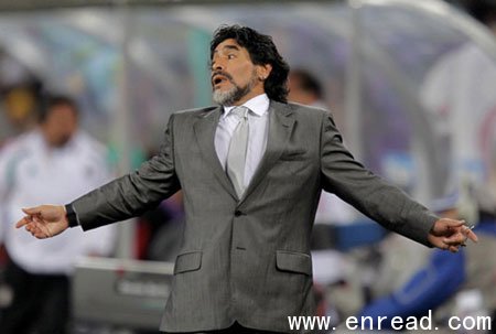 Argentina's coach Diego Maradona reacts during their 2010 World Cup second round soccer match against Mexico at Soccer City stadium in Johannesburg in this June 27, 2010 file photo. Maradona has been sacked as Argentina coach following a unanimous vote by the country's Football Association (AFA) board not to renew his contract, an AFA spokesman said on July 27, 2010. Picture taken June 27, 2010.