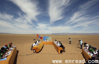 A Cabinet meeting aimed at drawing attention to climate change is held in Gashuunii Khooloi, a sandy valley in South Gobi province, Mongolia.