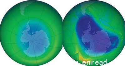 The ozone layer over Antarctica in September 1980, left, and how it looked this weekend. The dark blue indicates extremely low levels of ozone. Scientists expect it to return to pre-1980 levels by 2073.