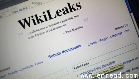 The homepage of the WikiLeaks.org website is seen on a computer after leaked classified military documents were posted to it July 26, 2010 in Miami, Florida.