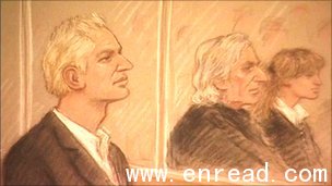 Julian Assange (left) appeared in court with John Pilger and others offering sureties