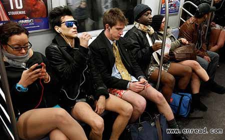 A file photo of the 10th annual 'No Pants Subway Ride' on Sunday. Hundreds of New York subway riders, unencumbered by skirts, trousers or modesty, took part in a spontaneous showing of leg despite sub-freezing temperatures.