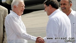 Cuban Foreign Minister Bruno Rodriguez greeted Jimmy Carter on his arrival