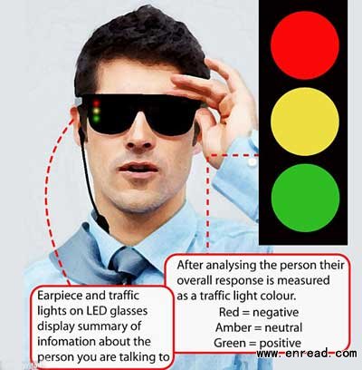 The 'social x-ray' glasses have a built-in camera which monitors the other person¿s facial expressions and matches them up with 24 known features which convey emotions
