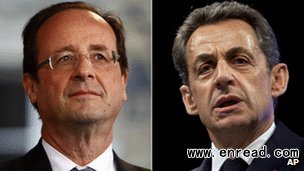 Polls put Francois Hollande (left) ahead of President Sarkozy in next month\s second round