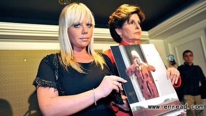 Lauren Odes, left, and her attorney Gloria Allred hold a press conference at the Omni Hotel in New York, Monday May 21, 2012.