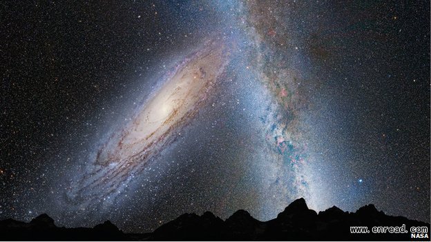 An illustration shows the night sky 3.75 billion years from now. Andromeda (left) fills the field of view and begins to distort the plane of our Milky Way Galaxy