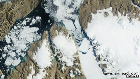 Satellite images show the crescent-shaped crack between the iceberg and the glacier