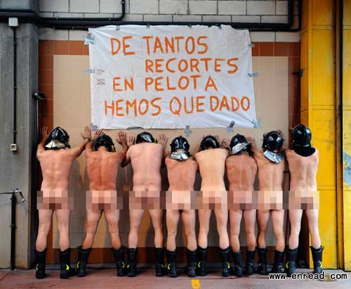 Eight firemen posed in the nude in a Spanish town on Thursday to protest against sweeping new government austerity measures that include public sector wage cuts and tax increases.
