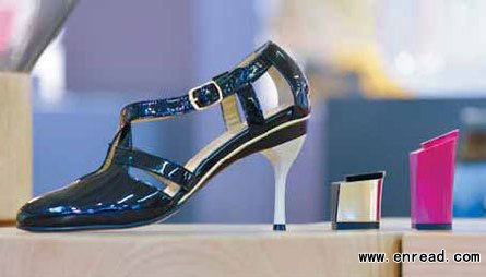 A multi-height shoe with changeable heels, created by a Canadian-born shoe designer, on display in Paris.