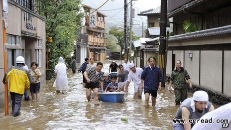 People in Kyoto were forced to ride boats to <a href=