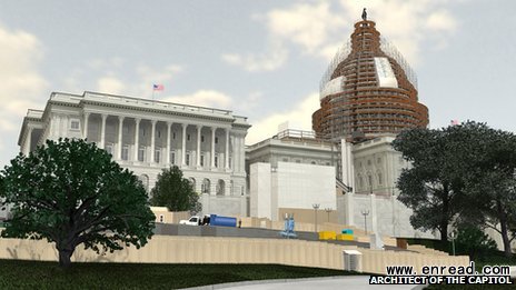 The Capitol dome will be covered in scaffolding, shown in an artist\s <a href=