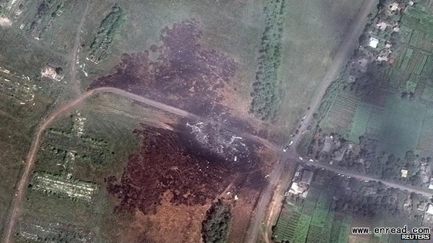 A newly released satellite image shows the crash site in the middle of Grabove in eastern Ukraine