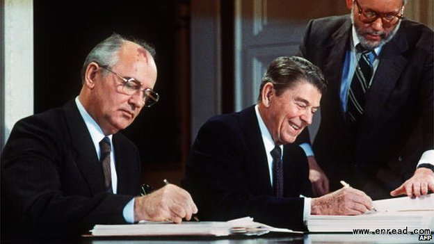 The agreement was signed towards the end of the Cold War by Mikhail Gorbachev (left) and Ronald Reagan