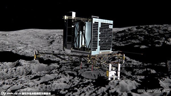 This photo released by the European Space Agency on December 20, 2013 shows an artist impression of Rosetta\s lander Philae (back view) on the surface of comet 67P/Churyumov-Gerasimenko.