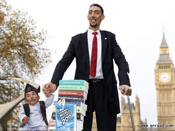 The worlds tallest man Sultan Kosen meets with the shortest man ever, Chandra Bahadur Dangi for the very first time on November 13, 2014 in London, England.