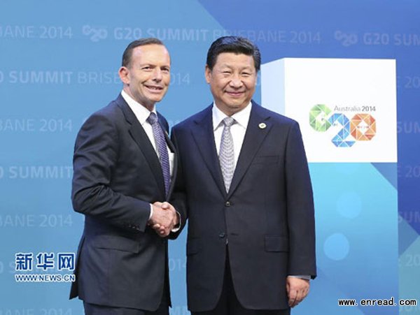 Australian Prime Minister Tony Abbott welcomes Chinese President for his attendance in the G20 meetings in Brisbane, Australia from Nov.15-16, 2014.