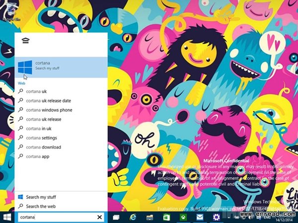 A screenshot of the Windows 10 consumer build 9901 shows the digital assistant Cortana.