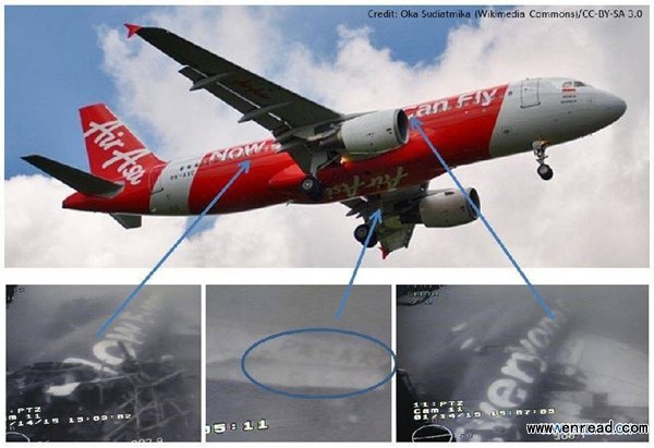 Photo posted on the facebook page of Defence Minister of Singapore Ng Eng Hen on Jan. 14, 2014 shows the crashed AirAsia plane (top) and its main fuselage (three of the bottom).