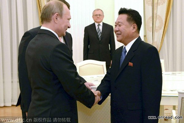 Choe Ryong-hae (R), secretary of the Workers' Party of the DPRK and Russian President Vladimir Putin meet at the Kremlin in Moscow, Russia, on November 18, 2014.