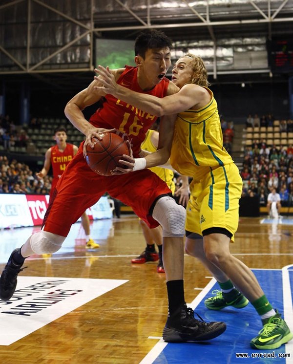 China's Qi Zhou against Australia during Game 2 of the Sino-Australia Basketball Challenge in Perth, Australia, Saturday, May 31, 2014.