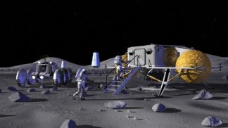 A lunar outpost might be up and running by 2024. This illustration shows astronauts returning to their shelter after parking their rover.