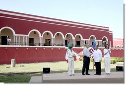 President George W. Bush and Mrs. Laura Bush are greeted onstage at Hacienda Temozon by President Felipe Calderon and Mrs. Margarita Zavala during arrival ceremonies Tuesday, March 13, 2007, in Temozon Sur, Mexico. White House photo by Paul Morse