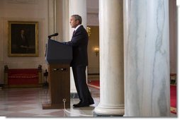 President George W. Bush issues a statement Tuesday, May 1, 2007, regarding his veto of the Iraq War Supplemental. Speaking from Cross Hall in the White House, the President said, "We need to give our troops all the equipment and the training and protection they need to prevail. The need to act is urgent."  White House photo by David Bohrer