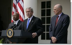 President George W. Bush stands with Secretary Alfonso Jackson, of the Department of Housing and Urban Development, and Secretary Henry Paulson Jr.,of the Department of Treasury, during a statement Friday, Aug. 31, 2007, in the Rose Garden regarding homeownership financing. "Owning a home has always been at the center of the American Dream. Together with the United States Congress, I will continue working to help make that dream a reality for more of our citizens."  White House photo by Shealah Craighead